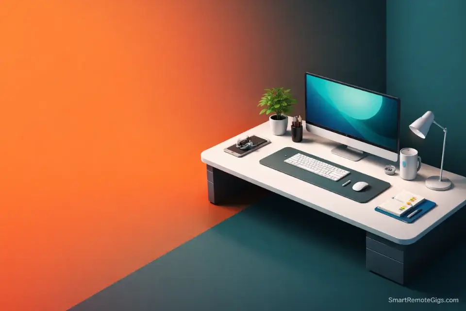 3D isometric workspace generated by Midjourney, used as a high-contrast background asset for a Fiverr gig image.