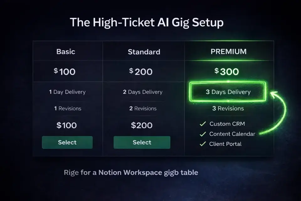 Screenshot of a Fiverr pricing tier showing a Custom Notion Workspace gig selling for $300.