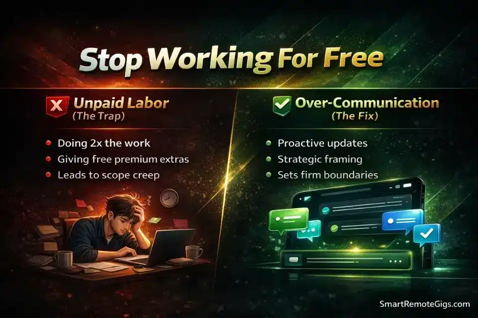 Infographic comparing the dangerous myth of doing unpaid labor on Fiverr versus the winning strategy of over-communication.