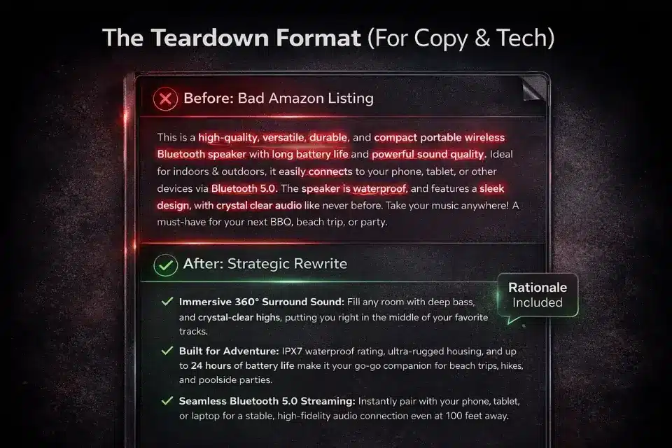 Diagram showing how to structure a before-and-after teardown case study for a non-visual Fiverr gig portfolio.