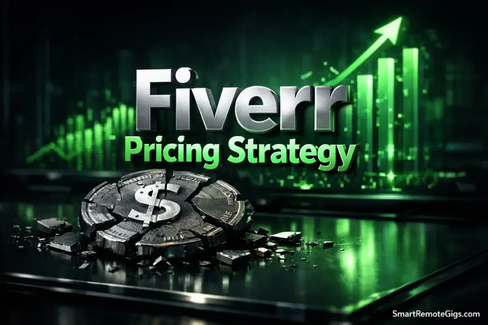 3D cinematic illustration showing a shattered 5 dollar coin symbolizing the new Fiverr pricing strategy for 2026.
