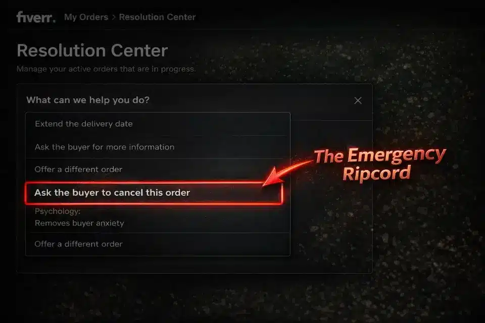 Screenshot of the Fiverr Resolution Center highlighting the option to mutually cancel an order to protect your 5-star rating.