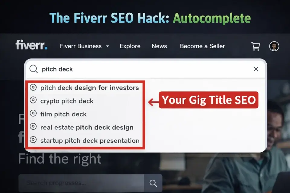 Annotated screenshot of the Fiverr search bar autocomplete showing how to find long-tail keyword gig titles.