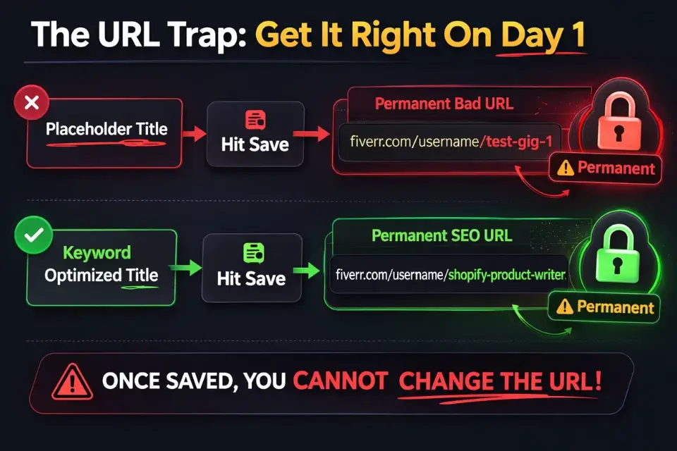 Infographic flowchart showing how Fiverr permanently locks your gig URL based on the first title you save.