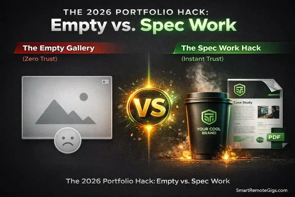 Infographic comparing an empty Fiverr portfolio with a high-trust spec work portfolio using mockups.