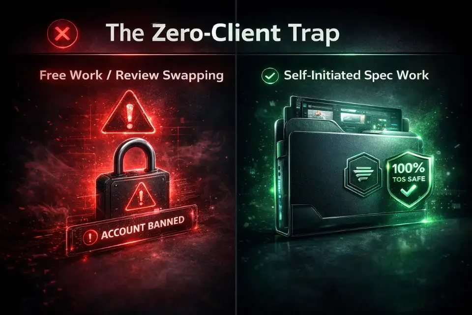 Infographic comparing the Fiverr Terms of Service dangers of offering free work versus the safety of building a spec work portfolio.