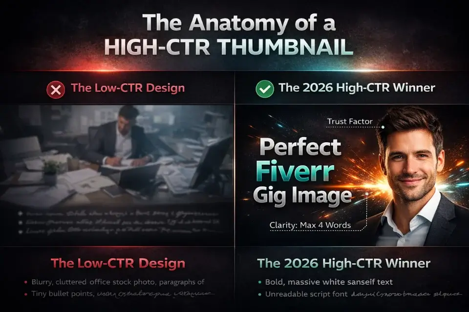 Infographic breaking down the anatomy of a high-converting Fiverr gig thumbnail versus a low-CTR amateur design.