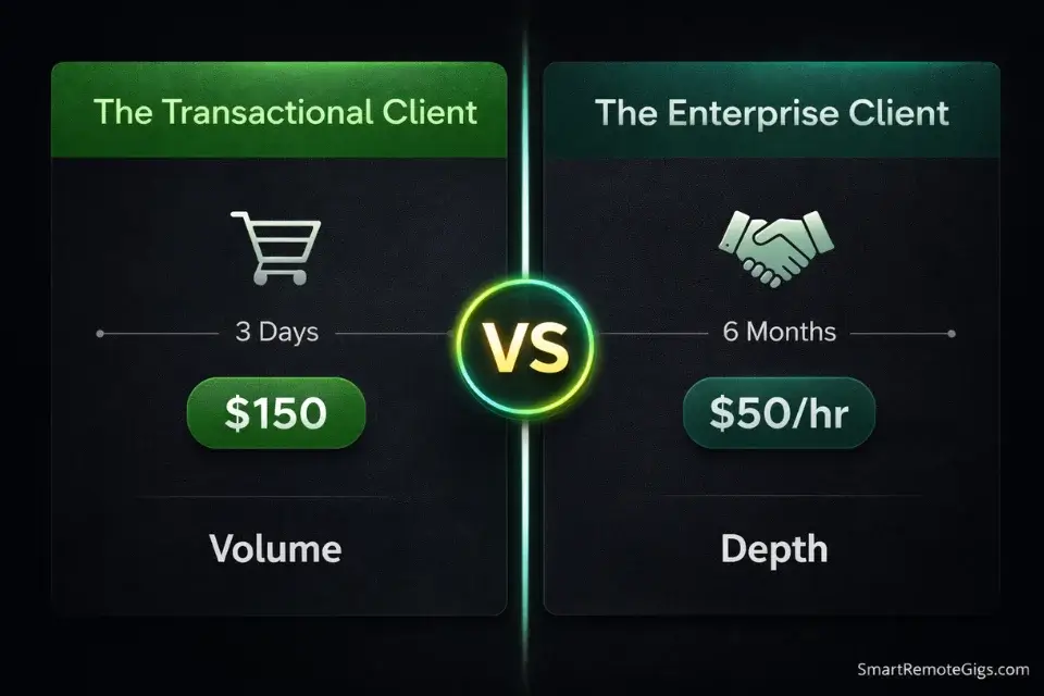 Infographic comparing the short-term transactional nature of Fiverr clients with the long-term enterprise contracts found on Upwork.