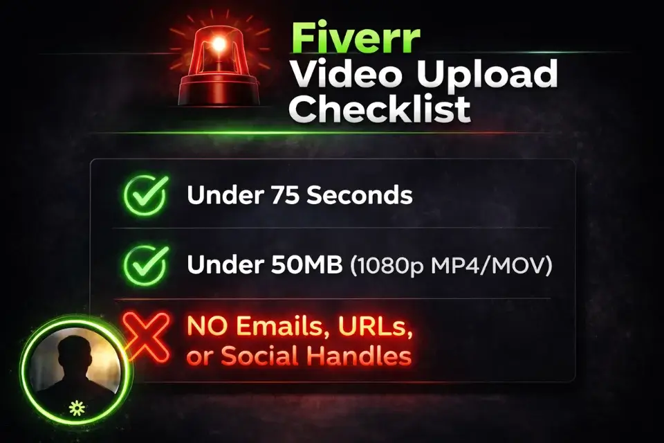 Checklist infographic showing Fiverr's strict gig video upload rules, including size limits and bans on off-platform contact.