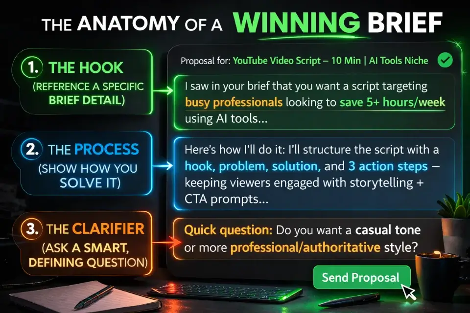 Diagram breaking down the psychological anatomy of a winning Fiverr proposal template, including the hook, process, and clarifying question.