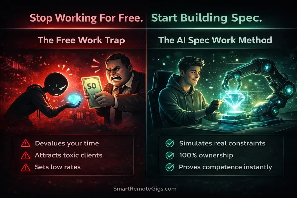 Infographic comparing the toxic nature of working for free against the 2026 standard of building AI-assisted spec work portfolios.