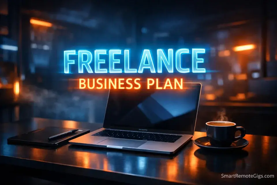 A 3D cinematic workspace showing a freelance business plan on a floating holographic display.