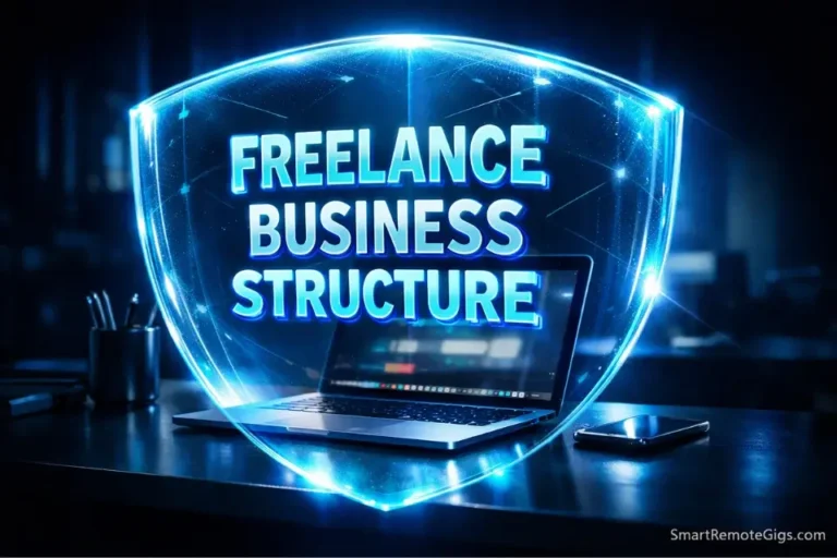 A 3D cinematic rendering of a glowing holographic shield representing a freelance LLC business structure protecting a workspace.