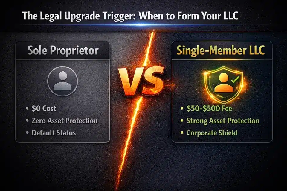 A comparison graphic showing the differences between a Sole Proprietorship and a Single-Member LLC for freelancers.
