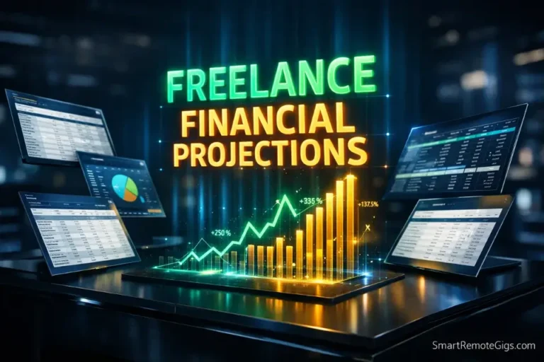 A futuristic 3D cinematic rendering of glowing financial graphs and freelance financial projections.