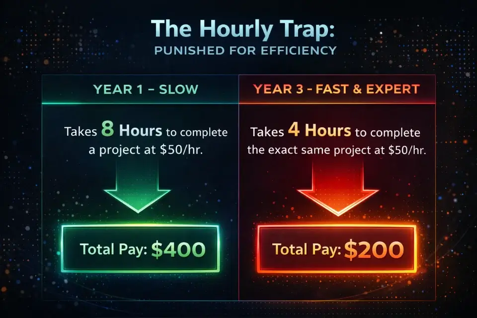 Chart demonstrating how hourly freelance pricing penalizes fast, experienced workers by reducing their total project income.