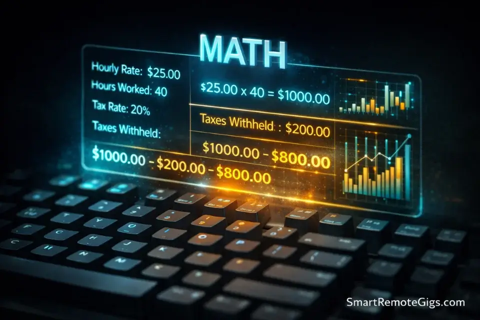 A holographic dashboard over a keyboard calculating freelance hourly rates and taxes for a 1000 dollar weekly income.
