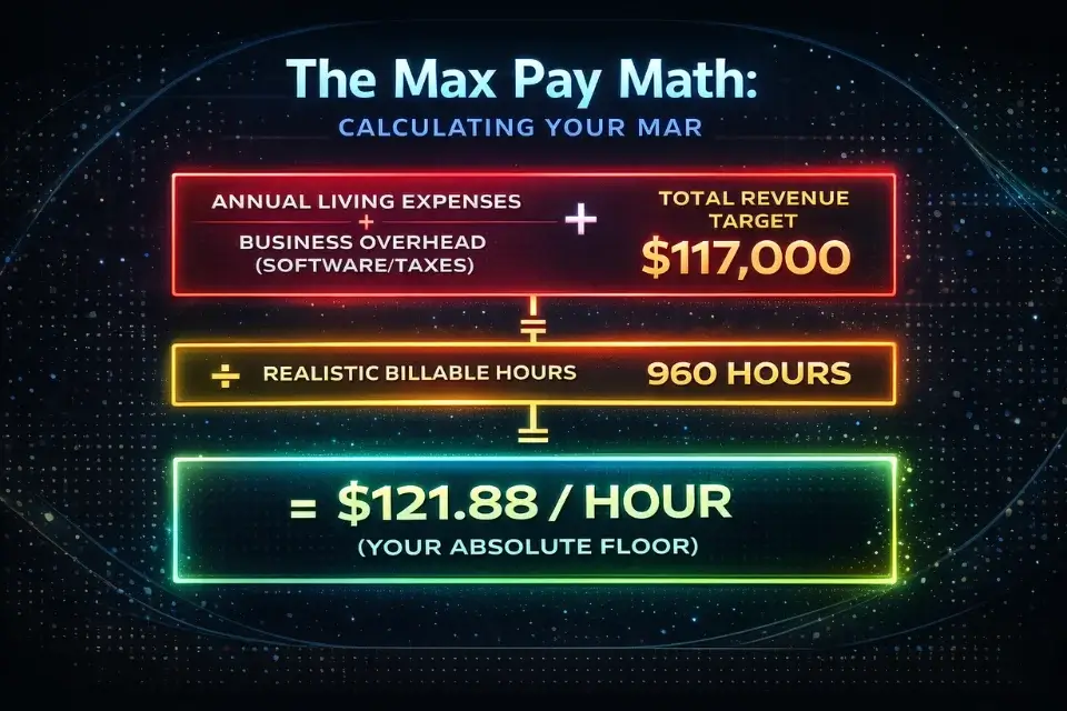 Infographic showing the Minimum Acceptable Rate (MAR) formula for freelancers to calculate their baseline hourly floor.