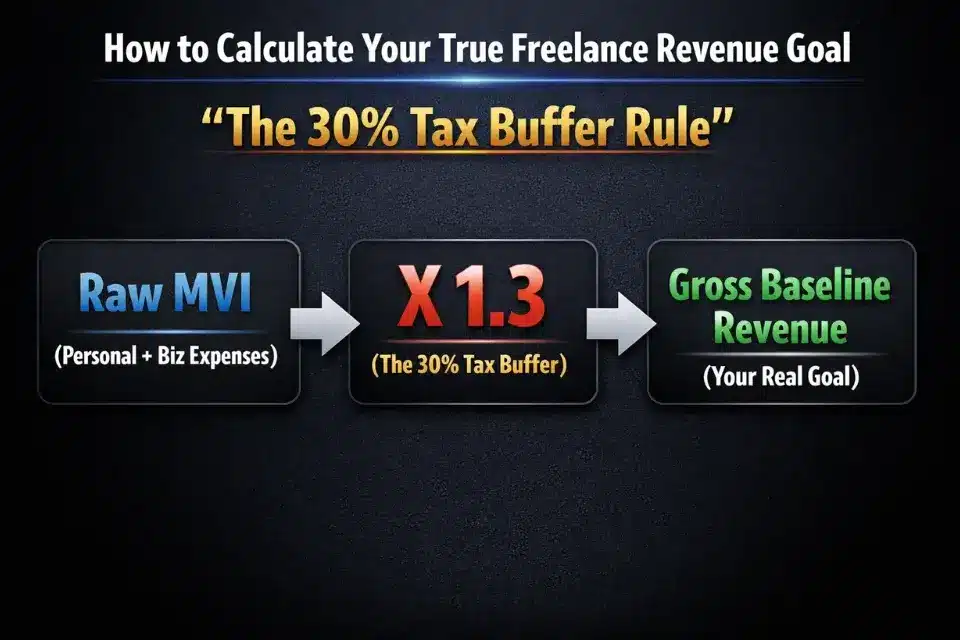 An infographic showing the freelance financial projection formula involving MVI and a 30% tax buffer.