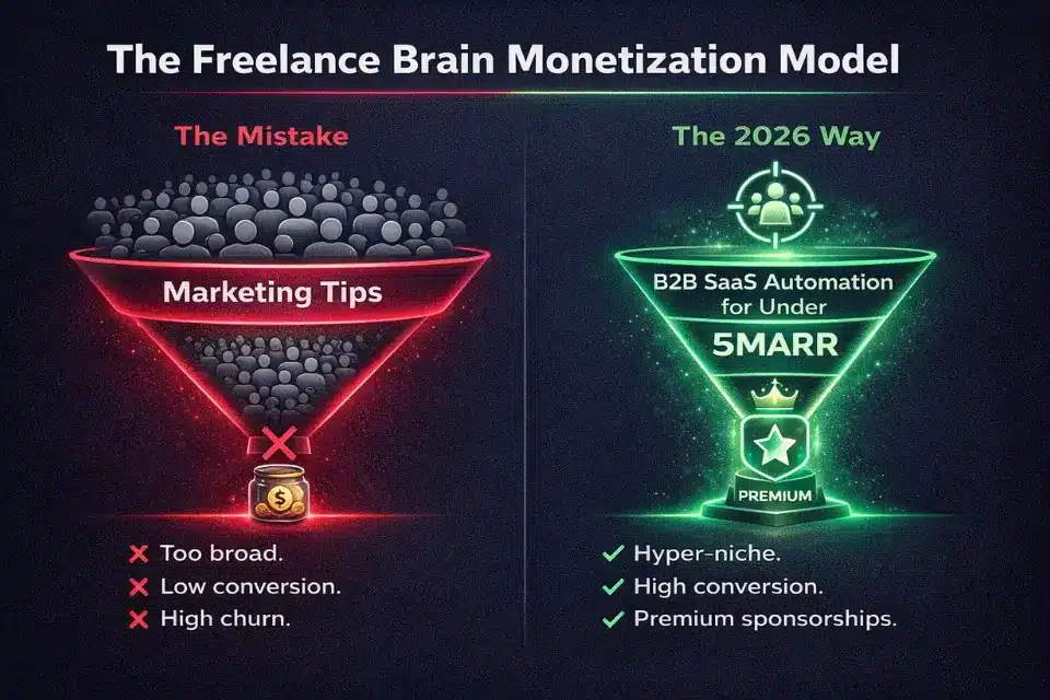 Infographic showing why hyper-niche newsletters for freelancers generate higher revenue than broad, generic marketing newsletters.