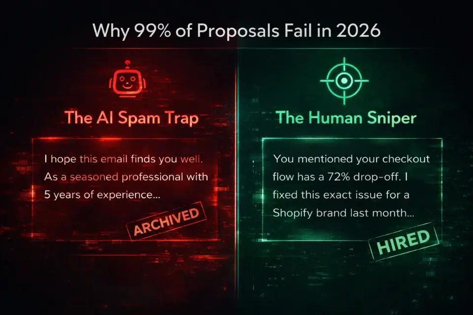 A comparison infographic showing the difference between a generic AI freelance proposal and a highly targeted human proposal.