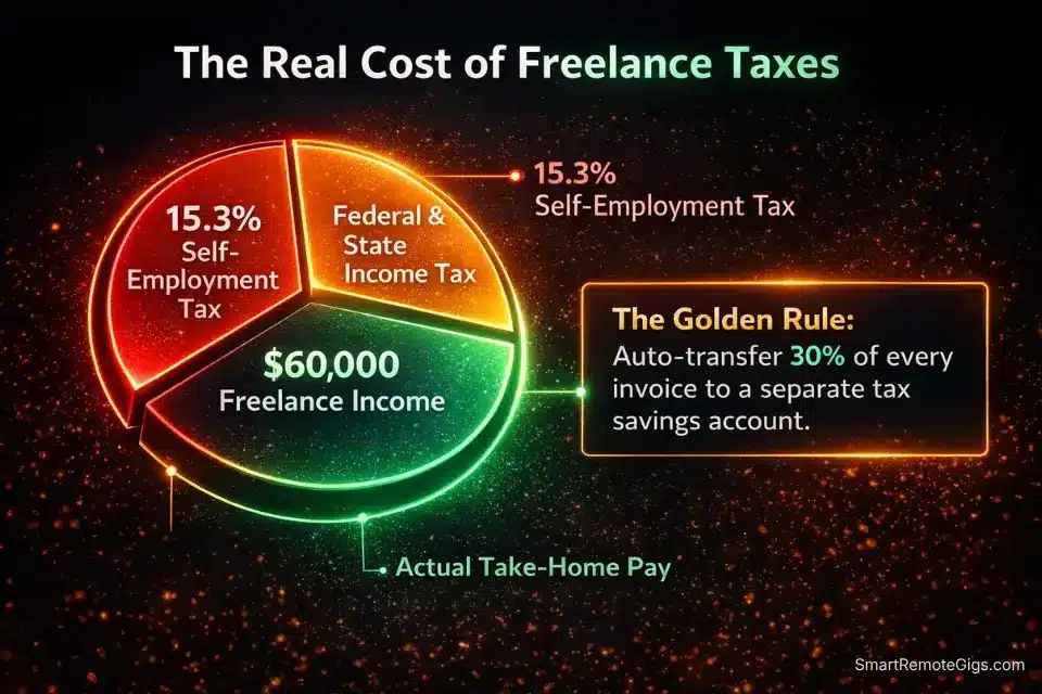 A pie chart breakdown of the 15.3 percent self-employment tax and income tax for US independent contractors.