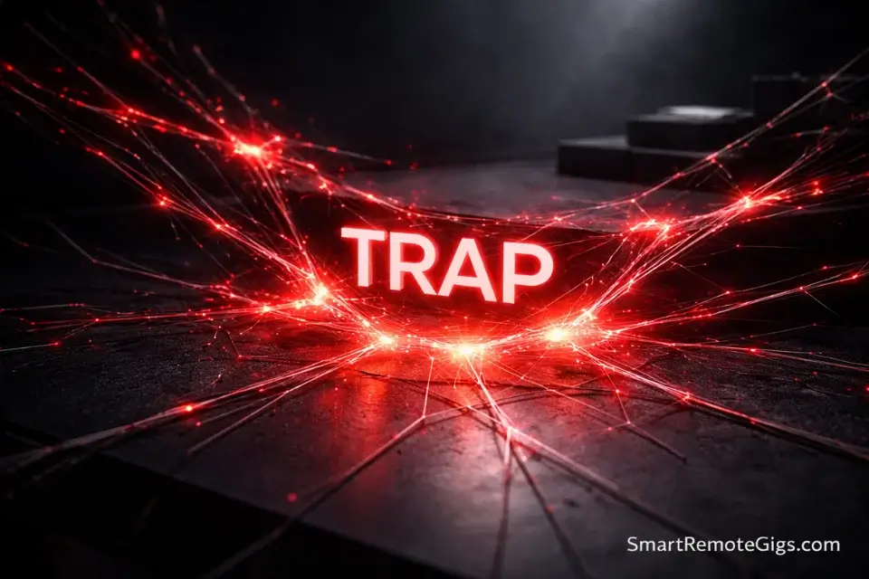 A digital web stretching too thin and breaking into red sparks, representing the generalist trap in freelance remote work.