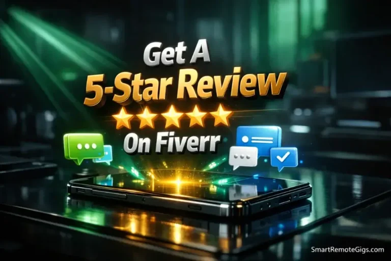 3D cinematic illustration showing a smartphone projecting glowing 5-star reviews and communication bubbles to secure top ratings on Fiverr.