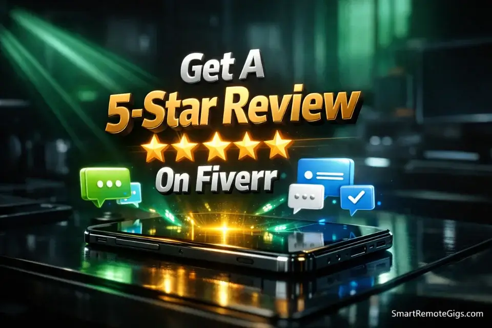 3D cinematic illustration showing a smartphone projecting glowing 5-star reviews and communication bubbles to secure top ratings on Fiverr.
