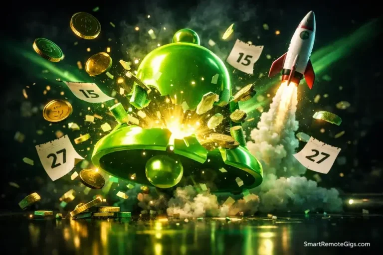 3D cinematic illustration showing a glowing Fiverr notification for getting your first client in 2026.