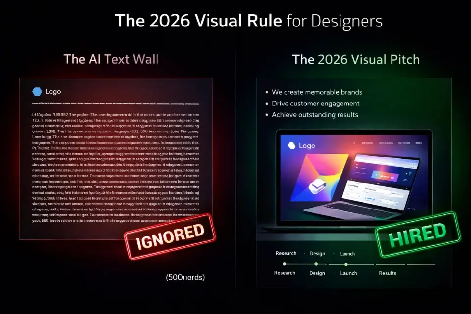 A side-by-side comparison showing why text-heavy design proposals fail and visual-first design proposals win.