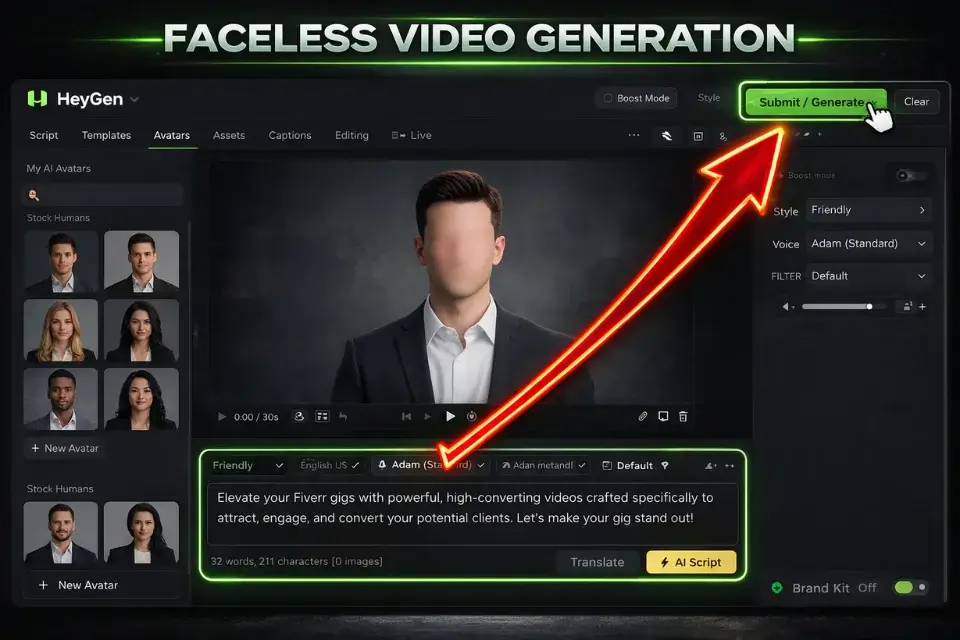 Screenshot of the HeyGen AI video interface showing how to generate a faceless Fiverr gig video from a text script.