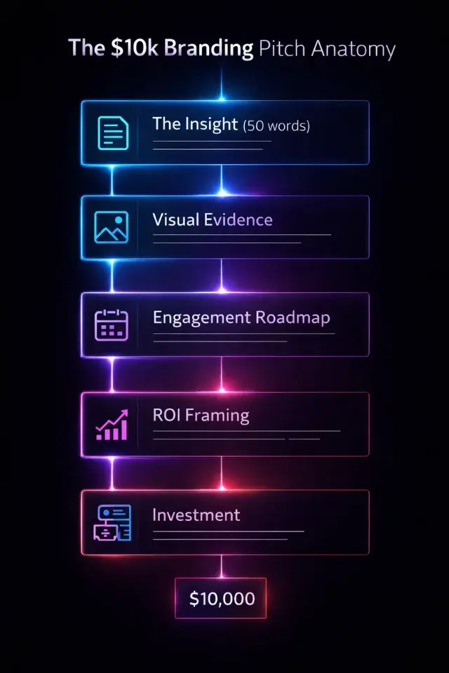 An infographic breaking down the 5-step structure of a high-ticket branding freelance proposal.