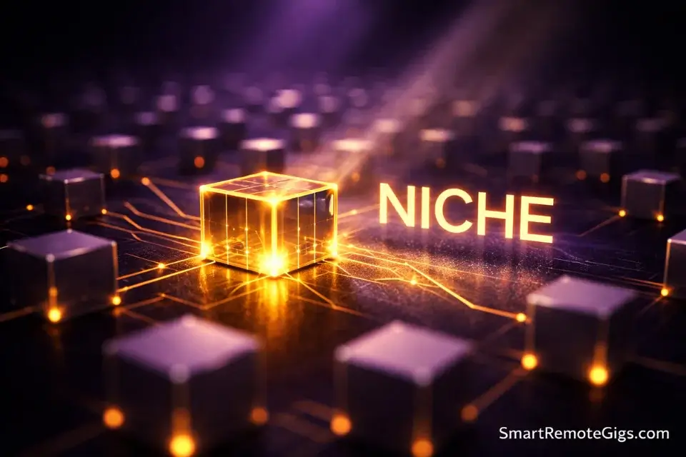A single glowing golden node standing out from a grey background, representing finding a high-paying freelance niche.