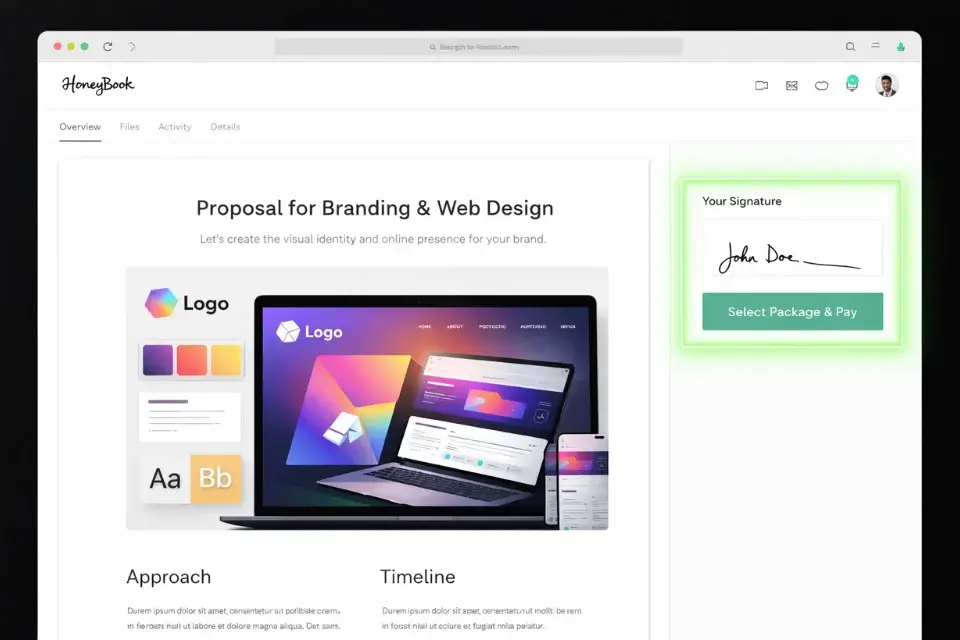 A screenshot of a HoneyBook interactive design proposal showing embedded visual mockups and a one-click payment checkout.