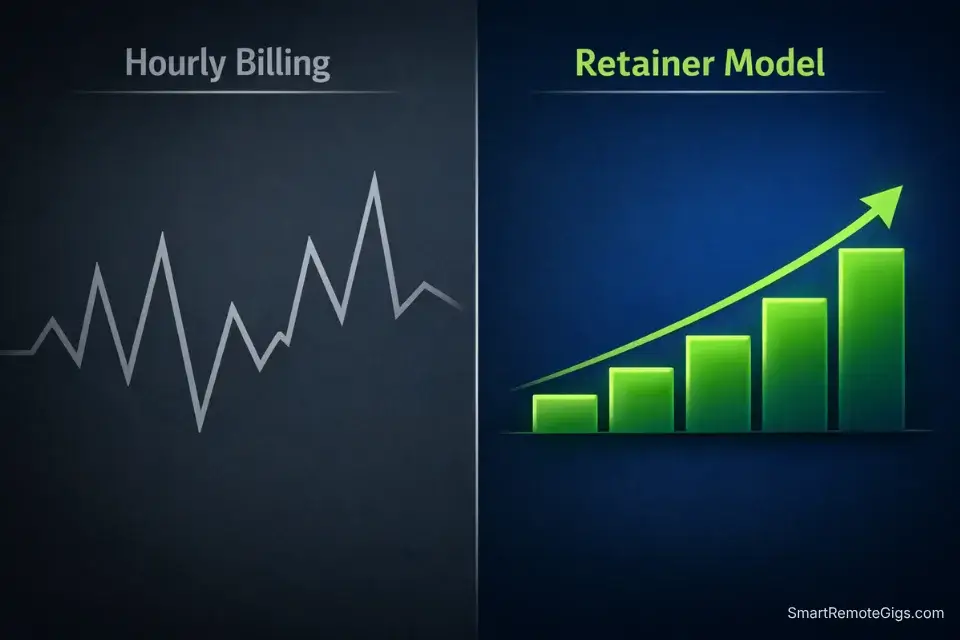 A comparison graph showing the volatile income of hourly billing versus the stable predictability of freelance retainer models.