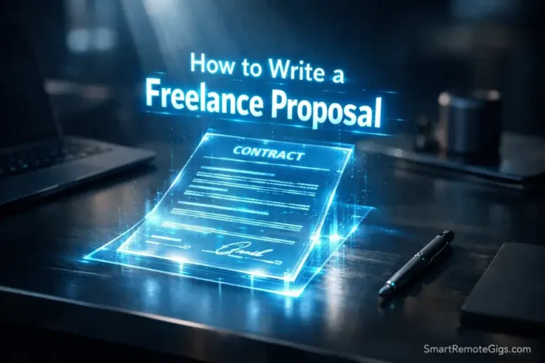 3D cinematic rendering of the text How to Write a Freelance Proposal hovering over a modern digital contract.