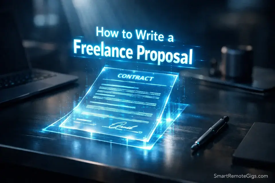 3D cinematic rendering of the text How to Write a Freelance Proposal hovering over a modern digital contract.