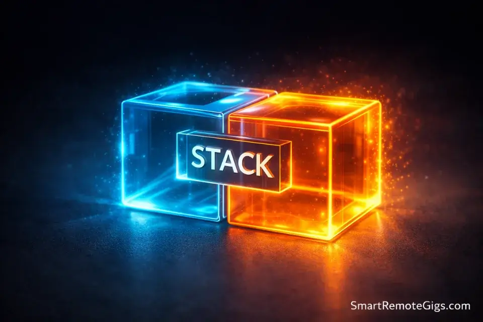 Glowing geometric blocks locking together, representing the hybrid stacking method of combining multiple remote gigs.