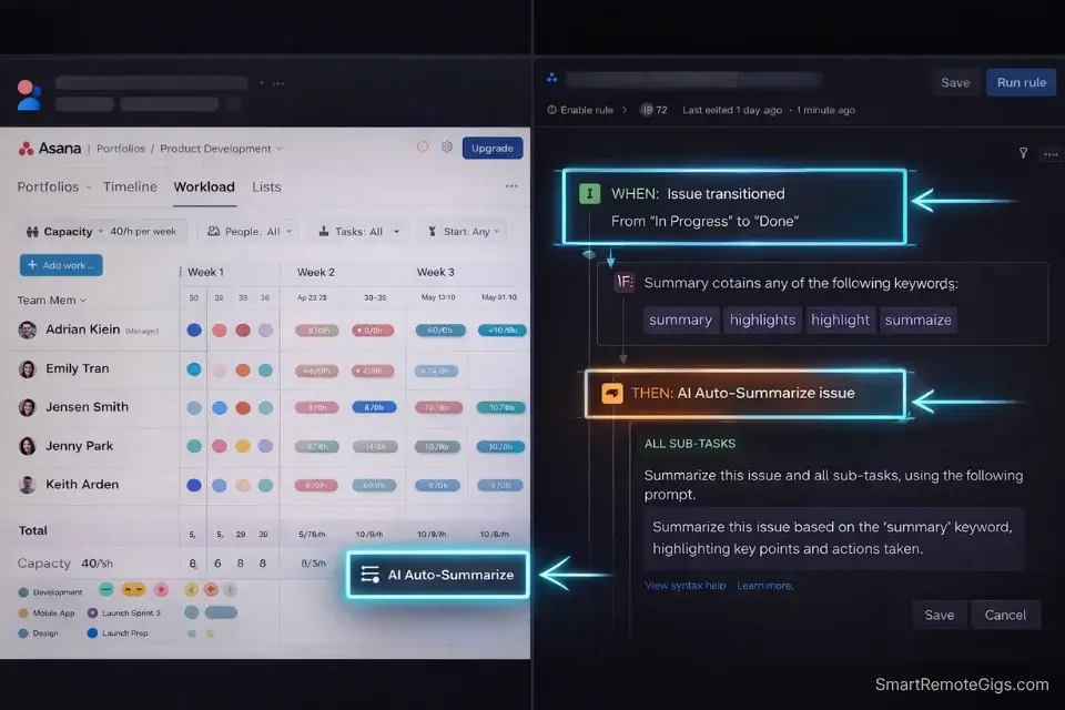 Screenshot of advanced Asana workload tracking and Jira AI automations used by remote project managers.