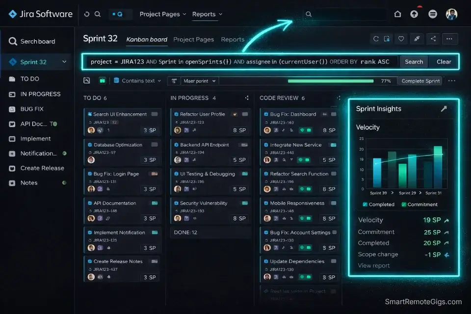 Screenshot of an advanced Jira Scrum board highlighting sprint velocity and JQL filters used by Certified ScrumMasters.