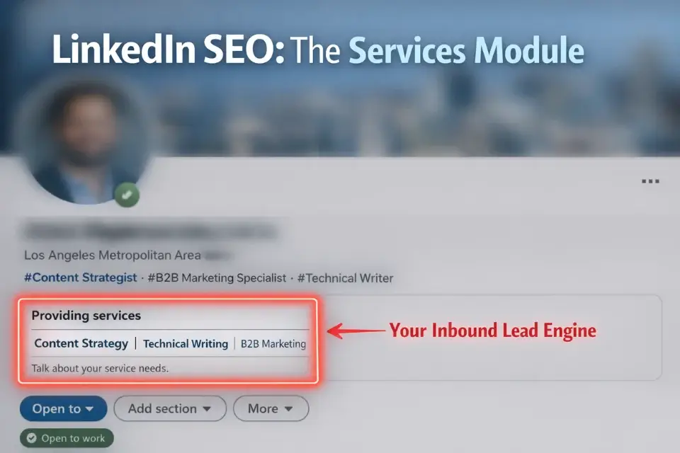 Screenshot of an optimized LinkedIn Providing Services module stuffed with exact-match B2B freelance keywords.