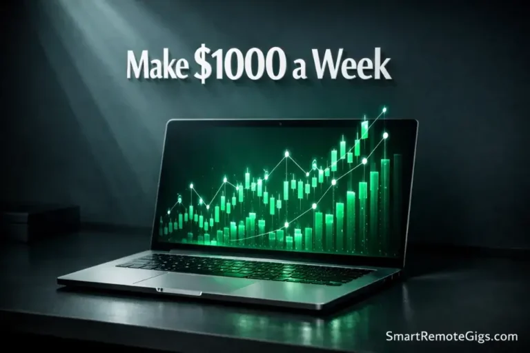 A sleek laptop displaying rising green financial charts, representing how to make 1000 dollars a week from home realistically.