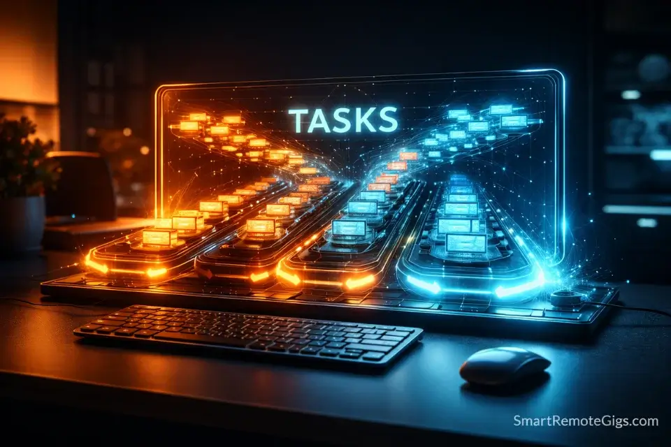 A futuristic workspace showing glowing data packets being sorted for micro-task remote jobs.