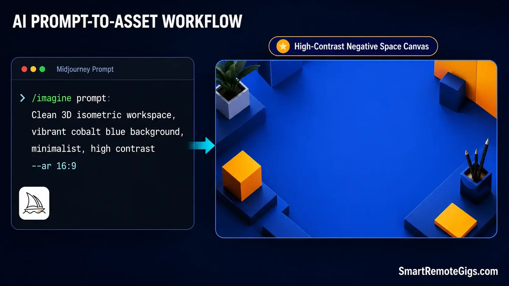 Midjourney AI prompt workflow generating custom 3D isometric backgrounds for freelance Fiverr gig images.