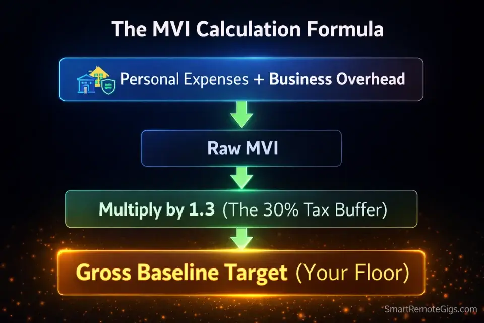 An infographic showing the step-by-step formula to calculate a freelancer's Minimum Viable Income and tax buffer.