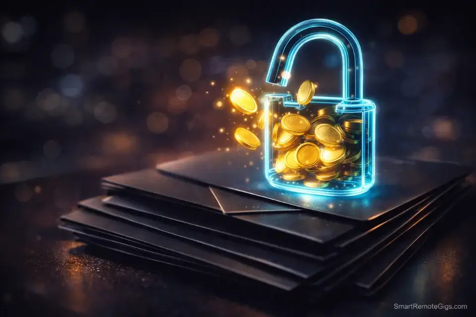 Cinematic 3D rendering of a futuristic digital padlock unlocking premium email envelopes to generate gold coins.