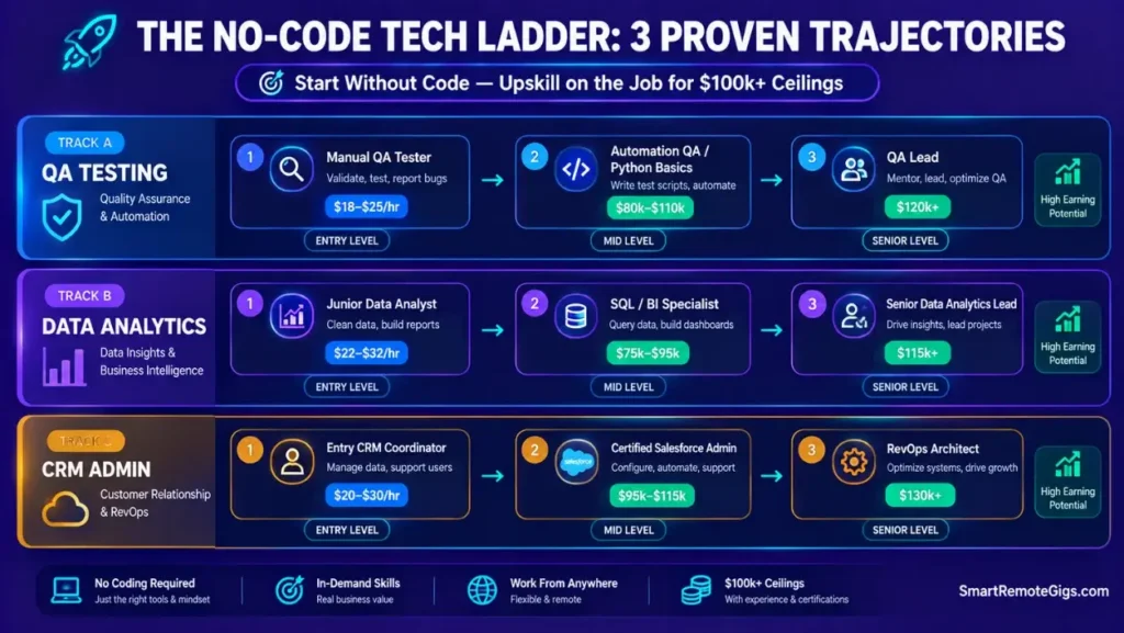 Career progression diagram showing no-code entry points in QA testing, data analytics, and CRM administration leading to six-figure salaries.