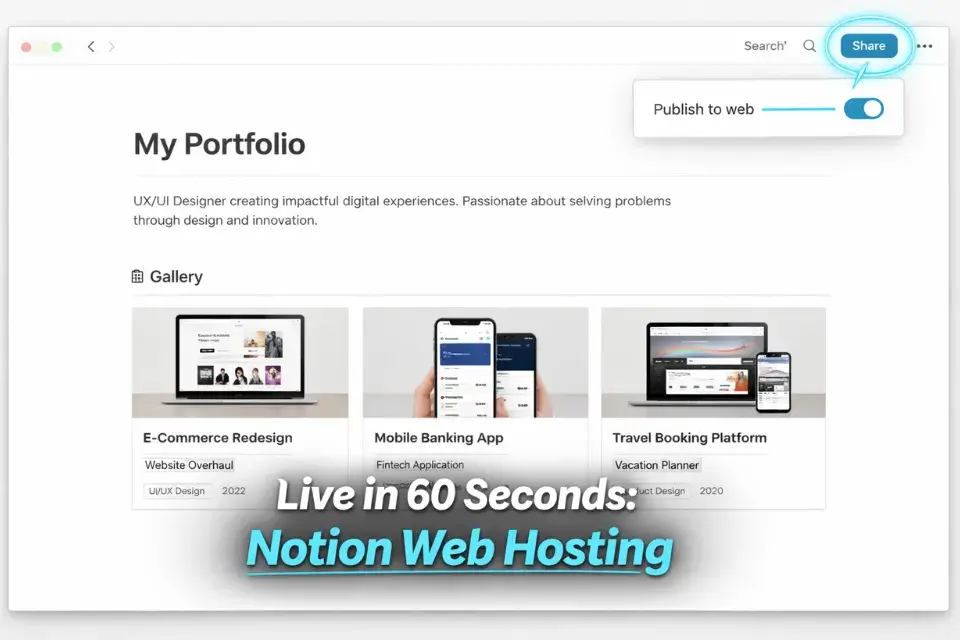 Screenshot of a Notion gallery database used as a free, professional freelance portfolio, highlighting the Share to Web feature.