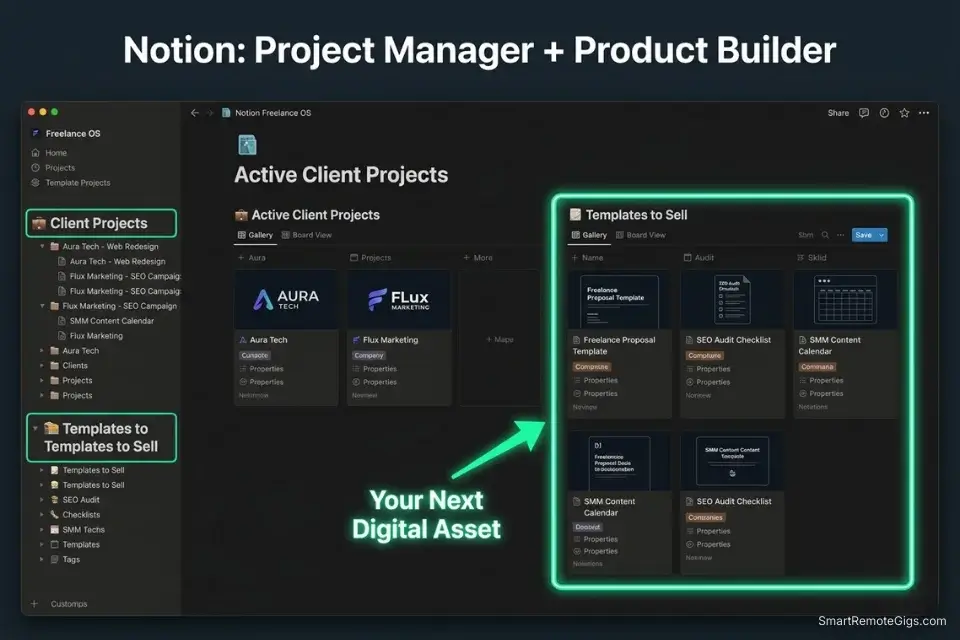Screenshot of a Notion workspace showing both active client project management and a database of sellable template assets.